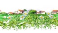 Spring meadows around a rural house. Seamless border. Watercolor illustration of village buildings with garden