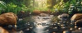 Spring Melt Water Flows Through Lush Forest, Creating A Serene Mountain Stream With Sparkling Water And Smooth Rocks, Nature Royalty Free Stock Photo