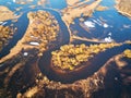 Spring melting river flood aerial panorama. Overflow water at springtime Royalty Free Stock Photo