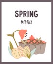 Spring menu card or banner backdrop with colored eggs, cake and spring flowers, flat vector