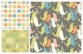 Spring mid-century style birds pattern with 2 coordinating patterns. Royalty Free Stock Photo