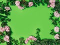 Spring minimal concept. Organic frame made of a lot of cherry blossom flowers with green leaves against a green background. Royalty Free Stock Photo