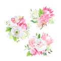 Spring mixed bouquets of pink and white hydrangea, protea flowers, white poppy, peony, orchid