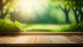 Spring mockup background. Blank wooden tabletop in front, blank space to display graphics.