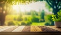 Spring mockup background. Blank wooden tabletop in front, blank space to display graphics.