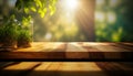 Spring mockup background. Blank wooden tabletop in front, blank space to display graphics.