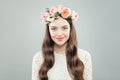 Spring Model Woman with Shiny Curly Hair, Natural Makeup and Tender Flowers