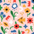 Spring modern trendy seamless pattern. Hand drawn vector illustration