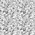 Spring monochrome botanical seamless pattern with hand drawn flowers. Royalty Free Stock Photo