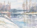 Spring months - April, March. Nature wakes up, the snow melts. Trees in the forest are reflected in the water. Pastel colors. Hand