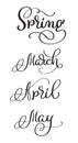 Spring Months march april may words on white background. Hand drawn vintage Calligraphy lettering Vector illustration