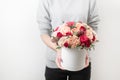 Beautiful luxury bouquet of mixed flowers in woman hand. the work of the florist at a flower shop. Horizontal photo Royalty Free Stock Photo