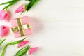 Spring mood concept. Pink flowers arrangement with a lot of copy space for text Royalty Free Stock Photo