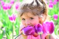 Spring mood. face and skincare. allergy to flowers. Springtime tulips. weather forecast. Summer girl fashion. Happy Royalty Free Stock Photo