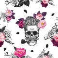 Spring mood. Seamless pattern with the skulls, boquets of roses in the background. Skull silhouette in engraving style