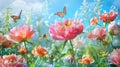 a spring morning as peonies bloom, butterflies dance, sunlight bathes the scene in brightness, the sky radiates a deep