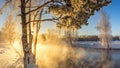 Spring morning landscape with fog and a forest, river, Russia, Ural Royalty Free Stock Photo