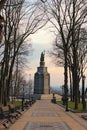 Spring morning landscape view of the Monument of Volodymyr The Great. Straight stone walkway in the park. Saint Vladimir Hil