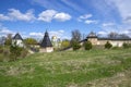 Spring morning at the walls of the ancient Pskov-Pechersk monastery. Russia Royalty Free Stock Photo