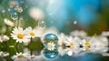 Spring motive light background and wallpaper with chamomiles, soap bubbles and bokeh, neural network generated photorealistic