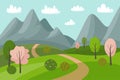 Spring mountain landscape with flowering trees. Cartoon panorama of spring nature, road and meadow.