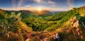 Spring mountain landscape panorama with forest and sun Royalty Free Stock Photo