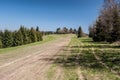 Spring mountain meadow with dirty roads, trees around and clear sky Royalty Free Stock Photo