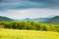 Spring in mountains.Contrast colors.Sunny glade and blue mountains.