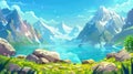 Spring mountainscape with glacier on peaks, grass and stones on lake bank, blue sky. Travel adventure game background Royalty Free Stock Photo