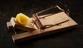 Spring mousetrap with cheese in close-up Royalty Free Stock Photo