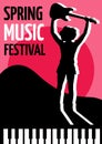 Spring music festival text with female musician holding a guitar icon against pink background