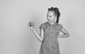 Spring in my head. happy girl holding apples from garden. kid hold fresh fruit. child eating red apple. summer healthy Royalty Free Stock Photo