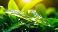 Spring natural background. Big drops of water with sun flare on leaf sparkles, macro, generative ai Royalty Free Stock Photo