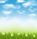 Spring natural background with blue sky, clouds, grass field and