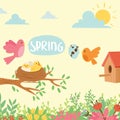 Spring natural floral background blossom beauty design and nature grass season branch springtime hand drawn elements