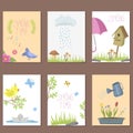 Spring natural floral cards with blossom gardening tools beauty design and nature grass season branch springtime hand