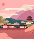 Spring nature in Asia: mountains, sakura tree blossom, tea plantations on hills. Old Japanese buildings, pagoda on lake Royalty Free Stock Photo