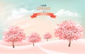 Spring nature background with blossom cherry trees and sky with clouds.