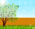 Spring nature background with green grass and blooming tree. Vector illustration Royalty Free Stock Photo