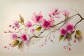 Spring nature, beautiful photorealistic illustration of wild sakura branch with pink flowers on turquoise light