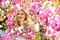 Spring nature. Female flower perfume. Pink flowers surrounding her. Cute woman makeup face blonde hair. Diving into