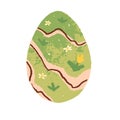 Spring nature on Happy Easter egg. Meadow flowers, green grass, drawing for Christian religious holiday. April