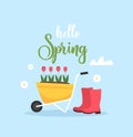 Spring Nature Landscape. Cute cartoon flat illustration background. Vector