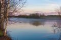 Spring nature. The river flooded  spring flood. Fog over the water. Horizontal photo Royalty Free Stock Photo