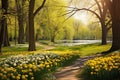 Spring Nature scene. Beautiful Landscape. Park with dandelions, Green Grass, Trees and flowers Royalty Free Stock Photo