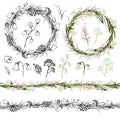 Spring nature, seamless brush, wreath of primrose flowers bell, grass, Lily of the valley. black and white doodling for Royalty Free Stock Photo