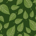 Spring nature seamless pattern with random green leaf silhouettes. Botanic backdrop