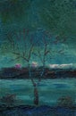 Spring night on the shore of the city lake. Oil painting on canvas.