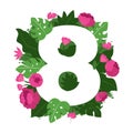 Spring number 8 with flowers and leaves. Composition in a vector illustration