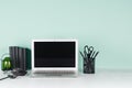 Spring office interior  - workplace with blank laptop display, black stationery, books, glass candlestick in light green mint. Royalty Free Stock Photo